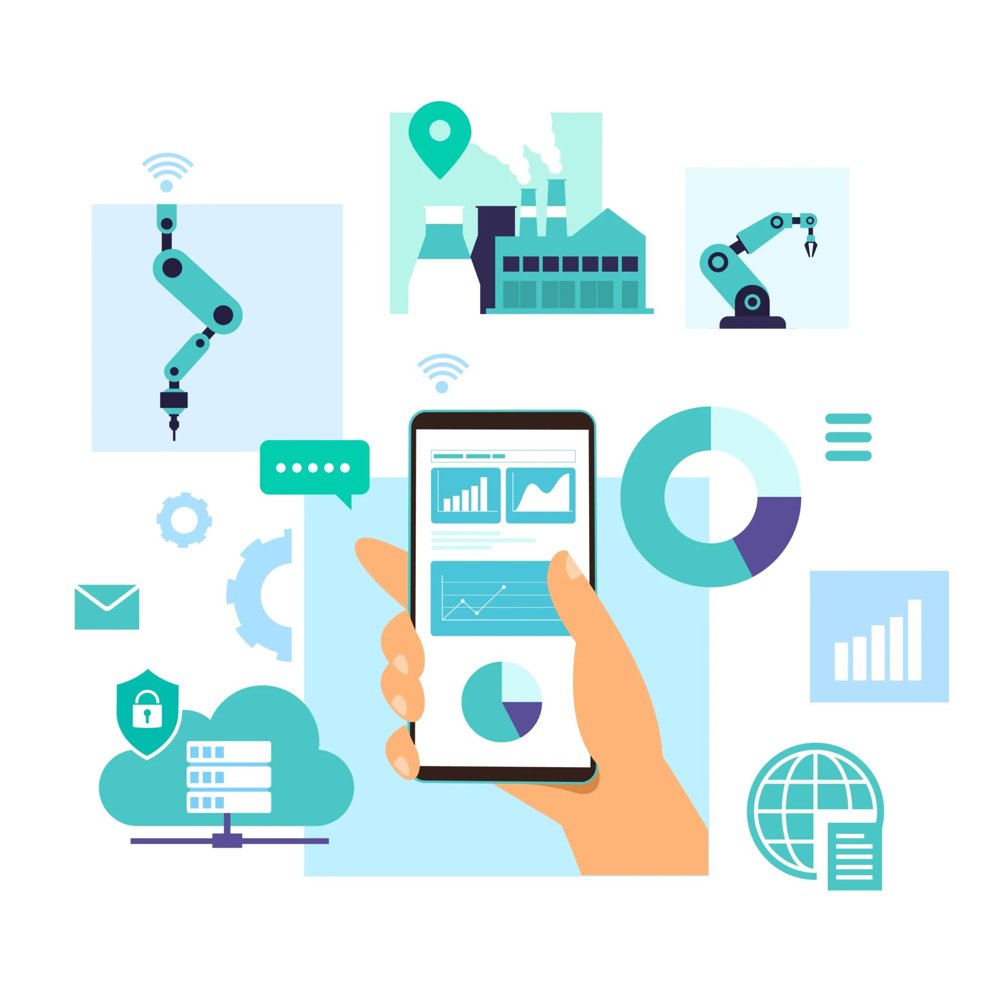 Illustration d’une solution IoT industrielle : supervision cloud, objets connectés, analyse de données temps réel