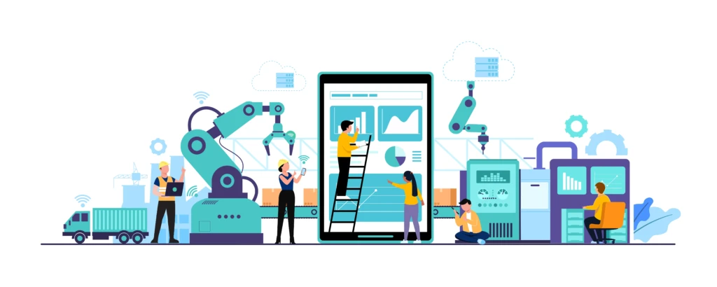 Illustration IoT industriel avec capteurs connectés, passerelle télématique et analyse de données