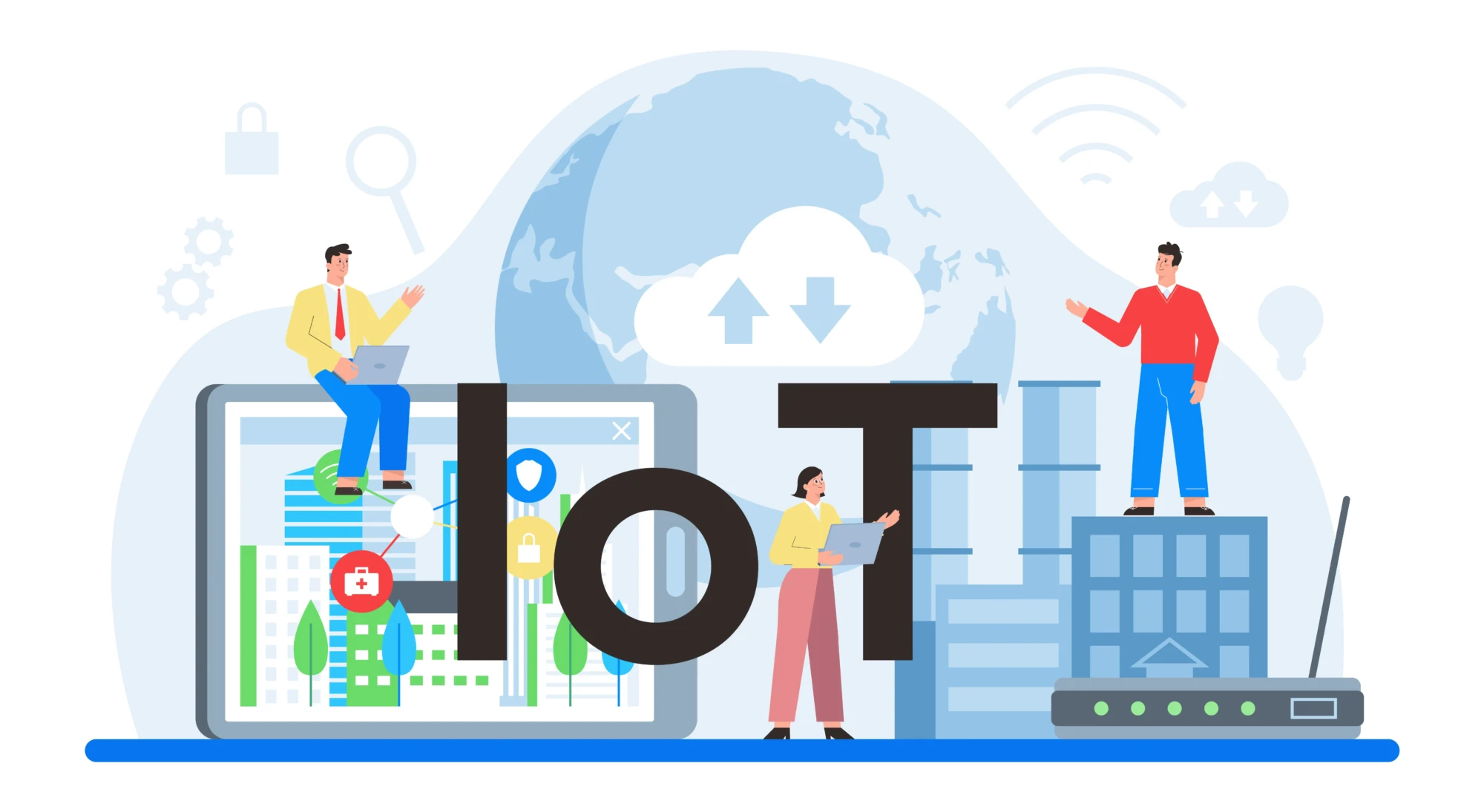 Illustration IoT montrant cloud, capteurs, routeur et usines – comparatif protocoles IoT industriels et embarqués