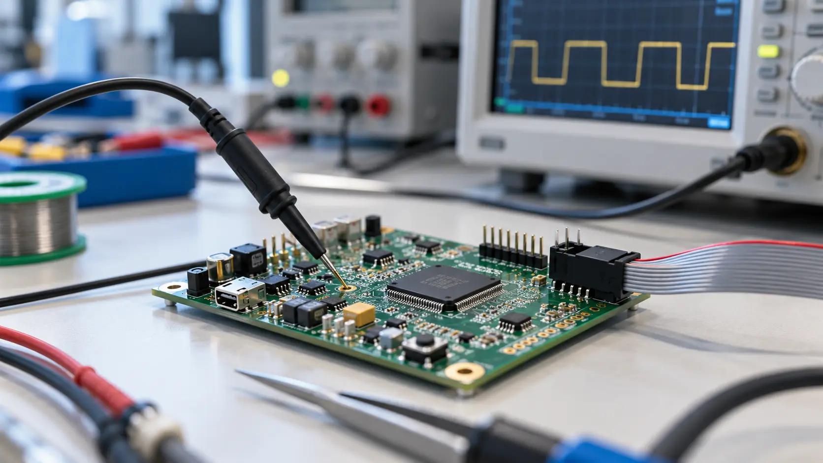 Développement firmware embarqué : carte à microcontrôleur reliée à un banc de test.
